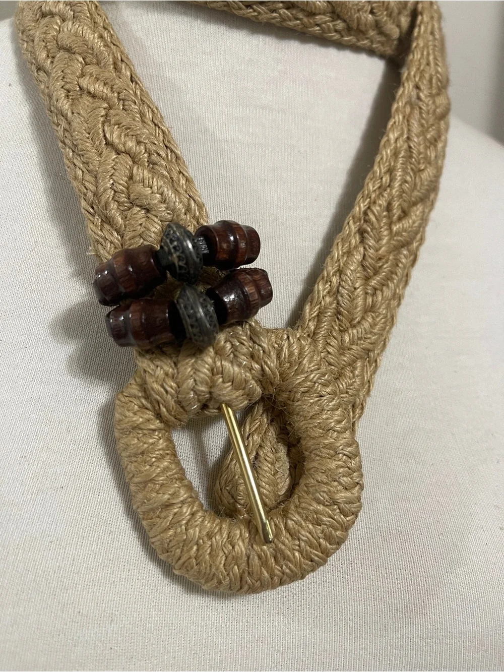 Braided Natural-Tone Woven Rope Belt with Wooden Bead Accents
